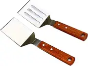 2 PCS Metal Spatula for Cast Iron Skillet, Stainless Steel Grill Spatula Slotted Spatula Turner Fish Spatula with Wood Handle, Flat Top Grill Spatula, Griddle Metal Spatulas for Cooking BBQ