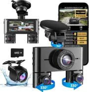 360° Dash Cam Front and Rear Inside, 4 Channel Camera for Cars FHD Black
