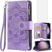 Asuwish Phone Case for Samsung Galaxy S23 Plus S23+ 5G Wallet Cover with Tempered Glass Screen Protector and Flower Flip Card Holder Slot Cell S23plus 23S + S 23 23+ SM-S916U 6.6 inch Women Men Puprle