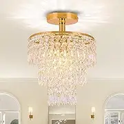 FRIXCHUR Mini Crystal Chandelier Ceiling Light Fitting Hallway Lights Ceiling Light 3 Tiers Crystal Raindrop Chandelier for Bedroom Living Room Dining Room (Gold)