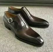 Handmade Men Coffee Brown Leather Shoes Monk Single Strap Dress Formal Shoes