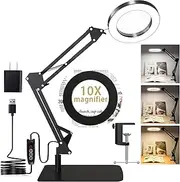 Homodoskey 10X Magnifying Glass with Light and Stand,Glass 2-in-1 Desk Lamp & Clamp, Craft Light Lamp with 3 Color Modes, LED Lighted Magnifier with Light for Hobby Reading Crafts (Clamp)