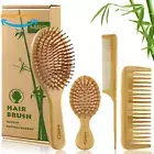 Hair Brush Set Natural Bamboo Comb Paddle Detangling Wide-Tooth Tail Thick/Thin