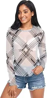 [RPLIFE] Classic Black White Tartan Plaid Mesh Sleeve Tops for Women, Sheer Tops S-XXL
