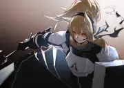 Anime woman blonde ponytail sword orange hair knight Playmat Gaming Mat