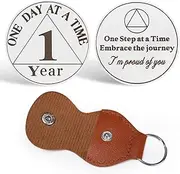 CHURYUML One Day at A Time Sobriety Coin with PU Leather Keychain - Affirmation AA Chip with One Step at A Time on Back