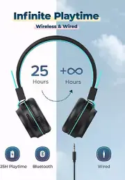BLACK BTH03 Kids Bluetooth Headphones Safe Volume, Colorful LED Lights, 25Hour