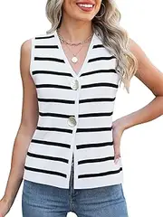 [AFVETUT] Women's Sweater Vest V Neck Striped Sleeveless Knit Button Down Tank Tops Casual Cropped Sweater Cardigan Vest, White Black, Large