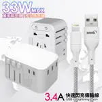 CITY萬用轉接頭PD快充33W急速充電器-白+高密編織線USB-IPHONE/IPAD/LIGHTNING-25CM灰