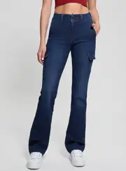 GUESS Blue Cargo Boot Cut Denim Jeans in Dark Wash Size: 30, Spandex