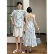 Couple Matching Sleeveless Floral Midi A-Line Sundress / Short-Sleeve Hawaiian Shirt Women - Dress - Floral - Blue & White - L