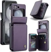 [XIMAND] for Samsung Galaxy Z Flip 6 Wallet Case with RFID Blocking and 4 Credit Card Holder, Premium Durable Leather Magnetic Clasp Kickstand Heavy Duty Shockproof Protective Cover.- Purple