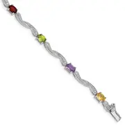 7 Inch Sterling Silver Rhodium-Plated Diamond Multi-Colored Gemstone Bracelet