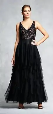 Aidan Mattox Black Nude Ruffled lace v-neck gown tiered tulle skirt 4 6 8 10 NWT