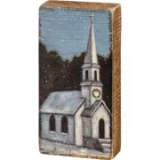 Chapel In The Snow 4.5" Small Wooden Block Sign
