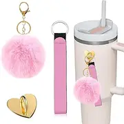 Zurligi Water Bottle Accessories, 3 Set DIY for Stanley Cup 20 30 40 Oz, Metal Heart Hook with Self Adhesive + Lipstick Bag + Pompom Ball, DIY Accessories for Water Bottle, Bag, Suitcase