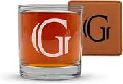 Personalized Scotch Whiskey Glass Engraved - Initial and Matching Leather Coaster (Single, [G])