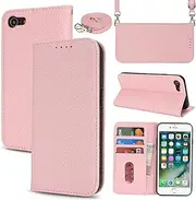 Cavor Crossbody Wallet for iPhone 7/8 Case iPhone SE 2020/ SE 2022 Case Litchi Pattern Flip PU Leather Magnetic Shoulder Lanyard with Card Slots Kickstand Protective Cover Woman-Long Strap Pink