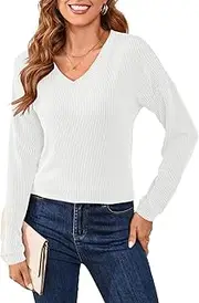 [PerZeal] Women's Tops Trendy Casual Long Sleeve V Neck Solid Textured Tunic Work Tops Blouses Pullover Soft Top