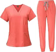 [ａ aternee] Women Uniform Scrubs Set, Short Sleeve Nurse Top and Pants, Nursing Work Suit