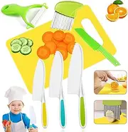 Kids Kitchen Knife, 7 Pcs Kids Knife Set Include Serrated Edges Plastic Toddler Chef Knife, Crinkle Cutter, Sandwich Cutter, Y Peeler, Cutting Board, Perfect for Toddlers Gifts for Boys and Girls