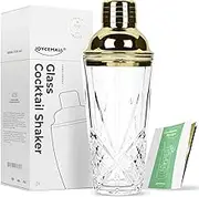 Glass Cocktail Shaker, JOYCEMALL 14.5 Ounce Cut Crystal Shaker Tumbler Bartender Shaker with Stainless Sealing Steel Cap & Strainer, for Home Use & Bar Whisky Cocktail - Gold