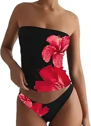 [ZAFUL] Women's Bandeau Tankini Swimsuit Asymmetrical Slit Bowknot String High Cut Fairyland Cheeky Bathing Suit