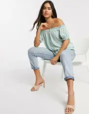 NEW WAREHOUSE MINT BARDOT OFF THE SHOULDER BUTTON FRONT TOP SUMMER LOOK UK 14