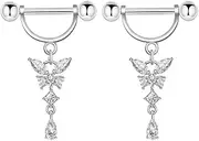 [Niaspi] 14G Butterfly Dangle Nipple Rings Stainless Steel Clear CZ Nipplerings D-shaped Nipple Barbell Pink White Butterfly Nipple Piercing Jewelry
