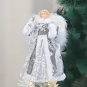 Christmas Angel Tree Topper, 12 Inch Red and Silver,White Fabric Angel with White Feather Wing, Xmas Flying Angel Tree Top Figurine Decorations, Holidays Indoor Home Ornaments Decor (Silver)