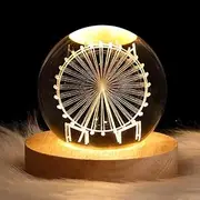 YITIKA 3D Crystal Ball Night Light, LED Projection Lamp, Planet Model, Transparent Crystal with Wooden Base, Tabletop, Decoration, 6CM, Ferris Wheel