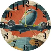 Airplane Travel World Wall Clocks, Battery Operated Silent Wall Clock for Bedroom Living Kitchen Office Home Art Decor