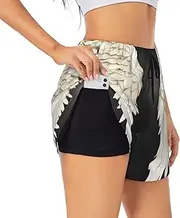 [WURTON] Angel Feathers Print Exercise Gym Workout Shorts Women's Athletic Shorts Dual-Layered Yoga Running Shorts