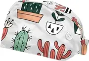 [FVQL] 2 Pack Scrub Caps Nurse Hats with Sweatband, Surgical Hats for Women, Plants Cacti Pattern
