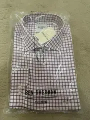 Ben Sherman Men’s Dress Shirt - White With Maroon Check - 17.5 X 34/35 - NWT.