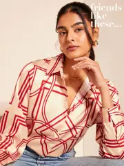 Friends Like These Red Geo Satin Button Through Shirt (N22883) | $78