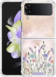 [SuzaCase] Clear Case for Samsung Galaxy Z Flip 4 - Samsung Z Flip 4 5G Case with Stylish Floral with Stems Pattern Printed Durable Clear Shockproof Drop Protection Back Case for Samsung Z Flip4