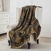 Loom and Mill Luxury Black Throw Blankets for Bed, Classic Damask Bed Throws with Fringes Trim, Soft Lightweight Velvet Lined Fall Throw Blanket for Couch Chair Halloween (Black,52”x72”)