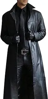 [Generic] Men's Long Leather Jacket Men Classic Leather Long Walking Coat Male Button Lapel Leather Trench Overcoat
