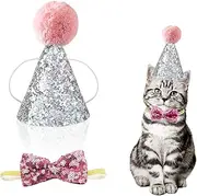 YEGUANGBE Dog Adjustable Birthday Hat with Bowtie Collar Wool Pompon Cute Pet Costume Paillette Cap Bandana for Dog Cat (Pink)