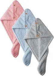 3Pcs Rapid Drying Hair Towel Soft Coral Fleece Hair Wraps with Button for Women Comfortable and Absorbent for Home Use or