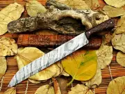 HUNTEX Handmade Damascus Blade, Hand Carved Rosewood, Exotic Straight Edge Knife
