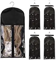 5pcs Black Wig Storage Bag Portable Hair Extensions Non-Woven Dustproof Storage Case with Bag with Bracket Wig Storage Bag Portable Suit with Transparent Zip Up Closure/354