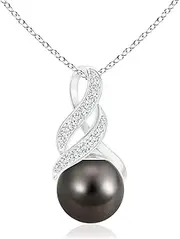 [Angara] Tahitian Cultured Pearl and Diamond Swirl Bale Pendant Necklace in Sterling Silver/14ct Solid Gold for Women | June Birthstone Jewellery for Her