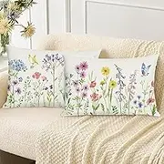 Bonhause Garden Floral Cushion Covers 30 x 50 cm Flowers Birds Polyester Linen Decorative Throw Pillow Covers for Sofa Couch Bed Home Outdoor Decor Set of 2