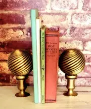 Set of 2 Brass Base Ribbed Sphere Bookends/ Tabletop Decor Shelf Sitter Handmade