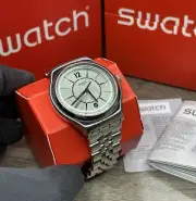 NEW✅ Swatch Irony MOONSTEP Silver Stainless Steel Date Dial Men's Watch YWS406G