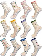 [LOHO WONDERZ] 12 Pairs Flower Sheer Socks, Cute Floral Ruffle Frilly Lace Socks for Women Girls Summer Thin Sock