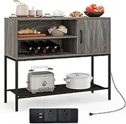 Giantex Buffet Sideboard with Power Outlets & USB Ports, Coffee Bar Cabinet with Wine Racks & Storage Shelves, Wooden Console Table Metal Frame for Dining Room, Living Room, Entryway (Grey)