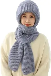 [UAZNegozio] 2-in-1 Hat Scarf Integrated Ear Protection Windproof Cap Scarf Winter Warm Knitted Plush Hat Scarf